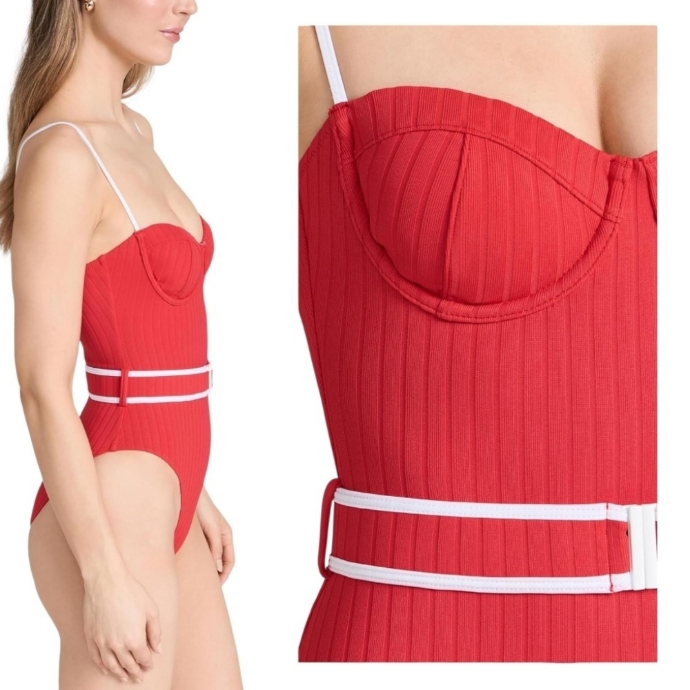 Solid & Striped The Spencer Red Ribbed Belted One Piece Swimsuit L - Picture 3 of 11